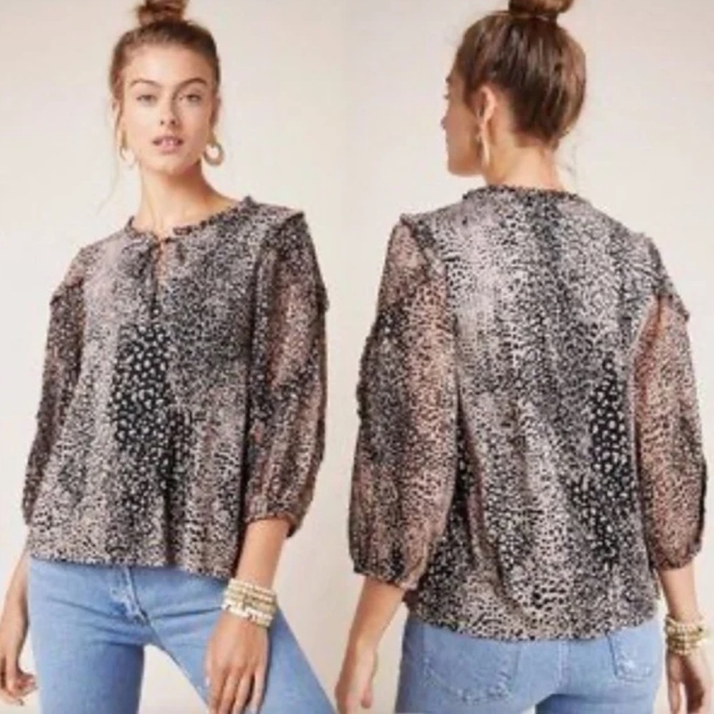 Anthropologie Maeve Jacquin Peasant Blouse Leopard Print Puff Sleeves Size XS